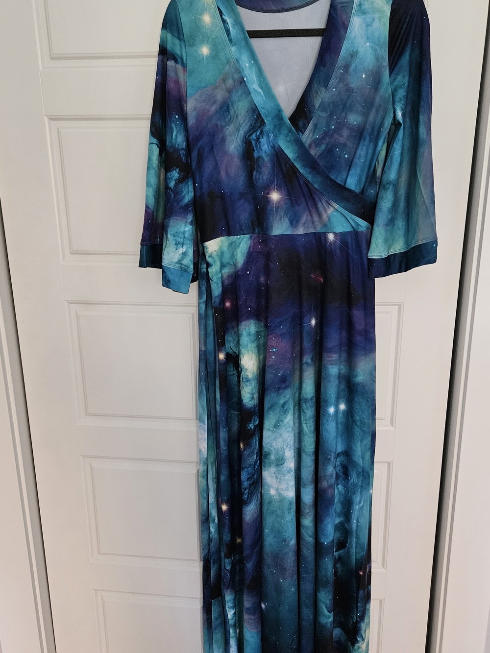Galaxy-Print Maxi Wrap Dress in Teal and Navy